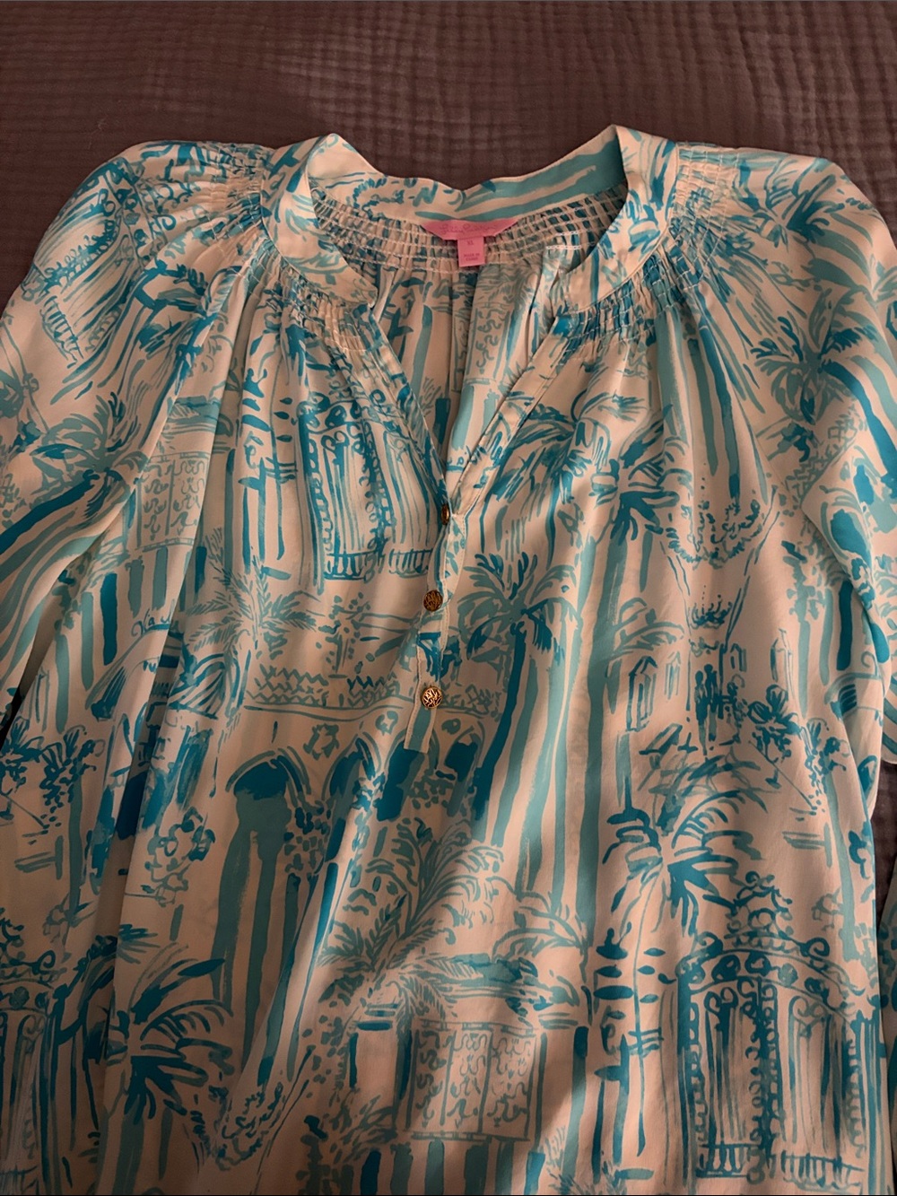 Lilly Pulitzer White Silk Blouse with Teal Tropical Print